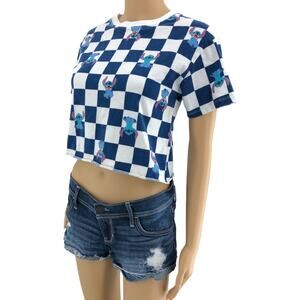 Disney XS White Blue Checkered Lilo & Stitch Short Sleeve Crew Neck Crop Tee
